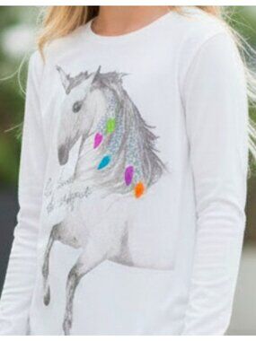 Girls XL Hanes Long-Sleeve White T-Shirt With Unicorn Graphic & Glitter Accents